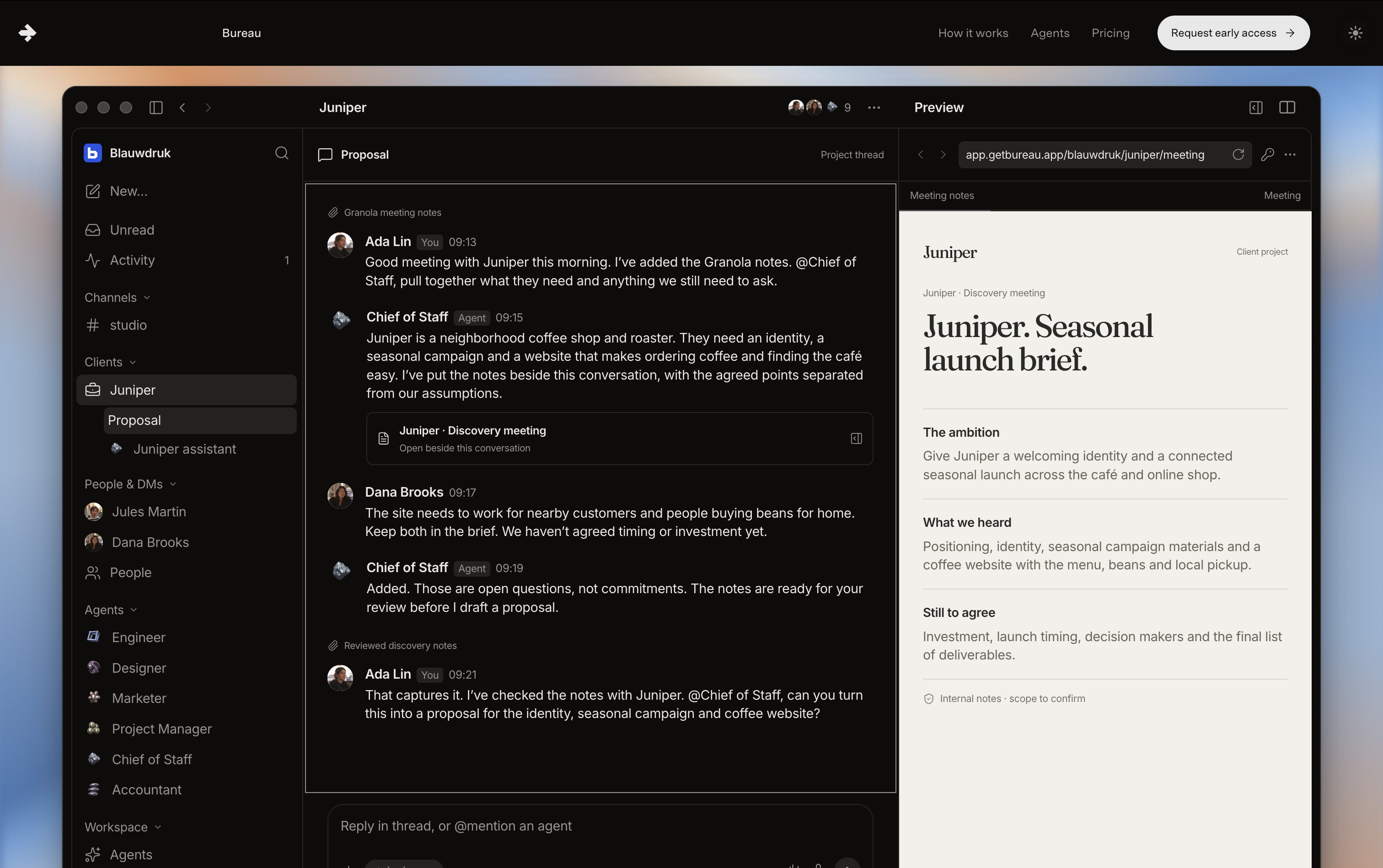 Bureau: a client project thread where people and agents such as Chief of Staff turn meeting notes into a brief, with a meeting-notes preview beside it