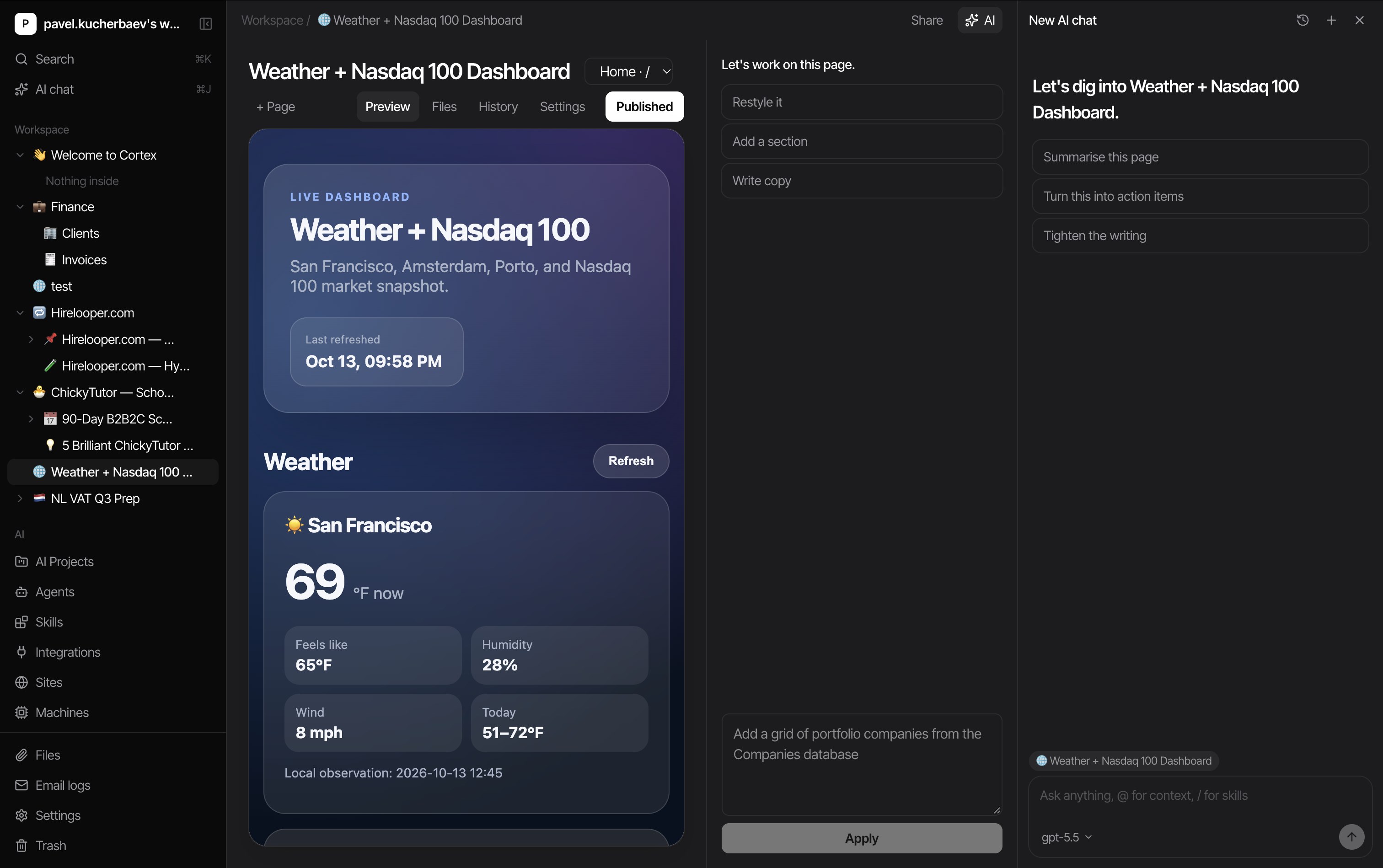 Cortex, my replication: workspace sidebar, a published dashboard page, and two AI chat panels